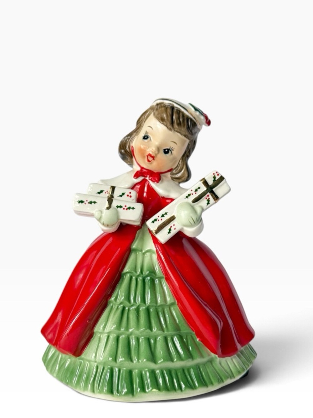 Vintage 1956 Napco Christmas Girl with Presents Planter Figurine Foil Label